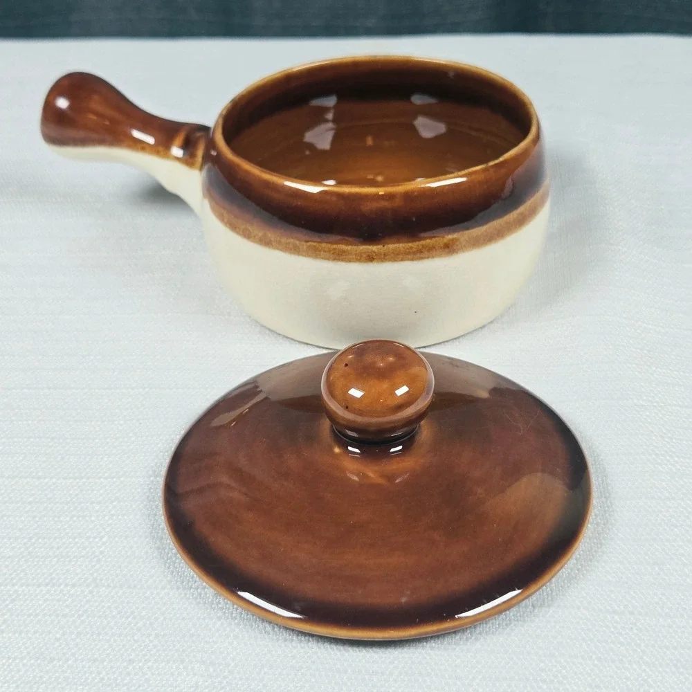 Vintage French Onion Soup Crock Bowl with Lid and Handle Brown Beige Ceramic